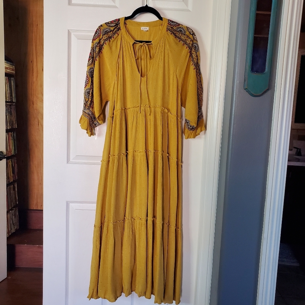 Embroidered Peasant Tiered Maxi Dress In Mustard Yellow Bohemian Beachy Springs‎